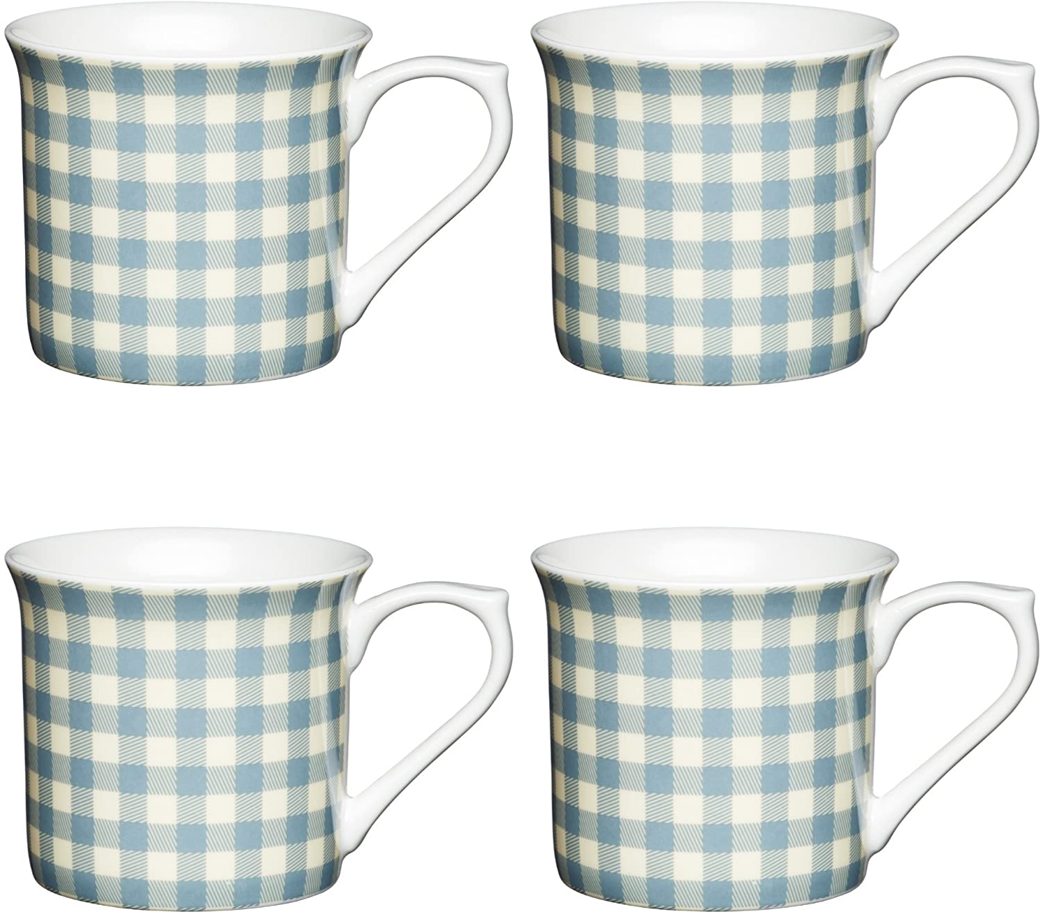 Kitchencraft Fine Gingham \'from Classic Pattern 300 ml Set of 4, Bone China Cups, Blue, 11.5 x 8.5 x 8 cm