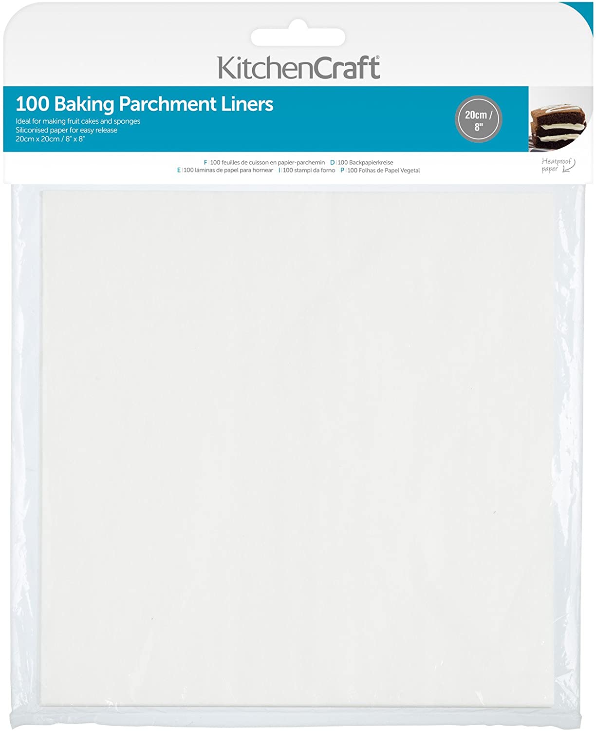 KitchenCraft Greaseproof Non-Stick Baking Paper, 20 cm (8 Inches) Square (Pack of 100), Paper, White, cm, 20 x 20 x 0.1 cm, 1 Unit