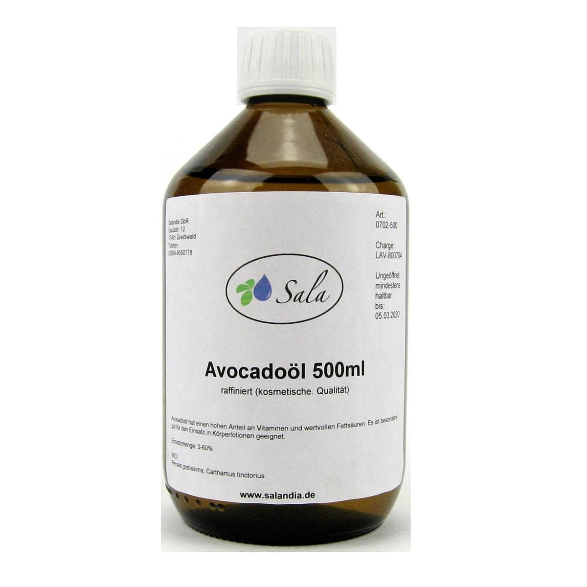 Sala Avocado Oil Refined Cosmetic Quality 500ml Glass Bottle