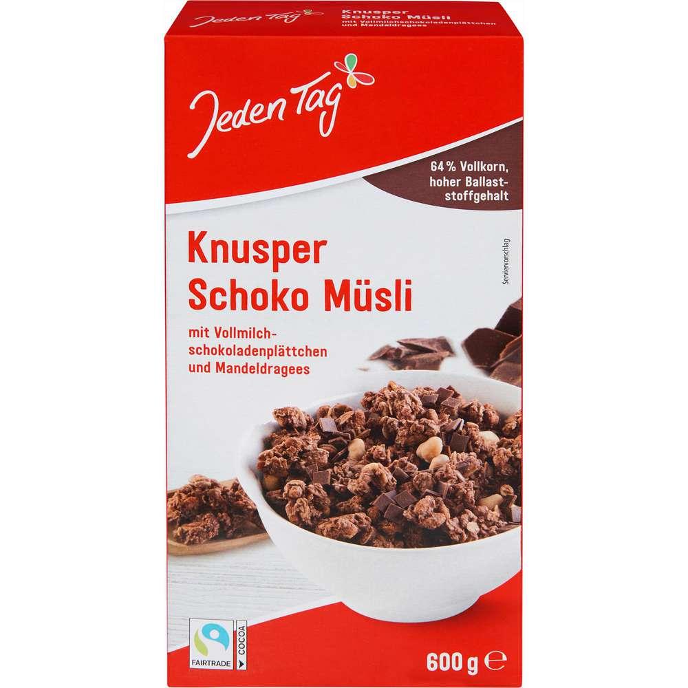 Chocolate crunchy muesli with chocolate flakes and almond dragees