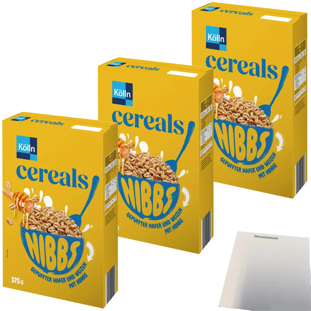 Kölln Cereals Nibbs Honig 3er Pack (3x375g Packung) + usy Block