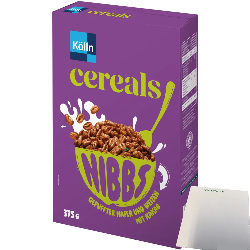 Kölln Cereals Nibbs Kakao (375g Packung) + usy Block
