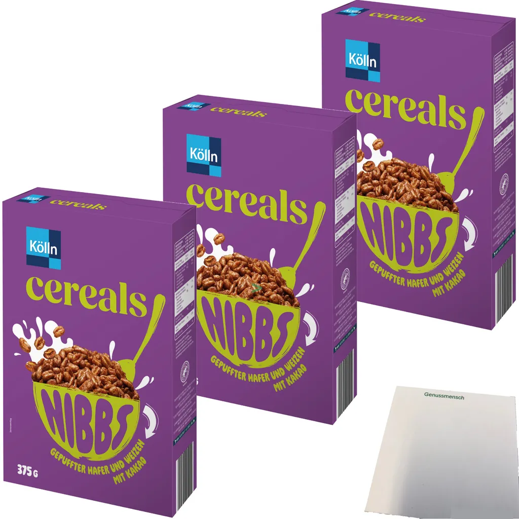 Kölln Cereals Nibbs Kakao 3er Pack (3x375g Packung) + usy Block
