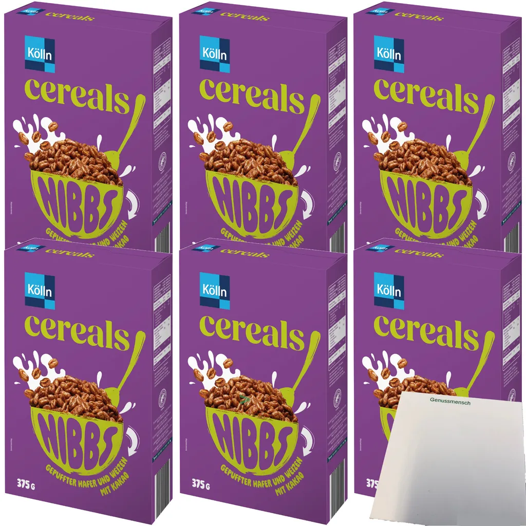 Kölln Cereals Nibbs Kakao 6er Pack (6x375g Packung) + usy Block