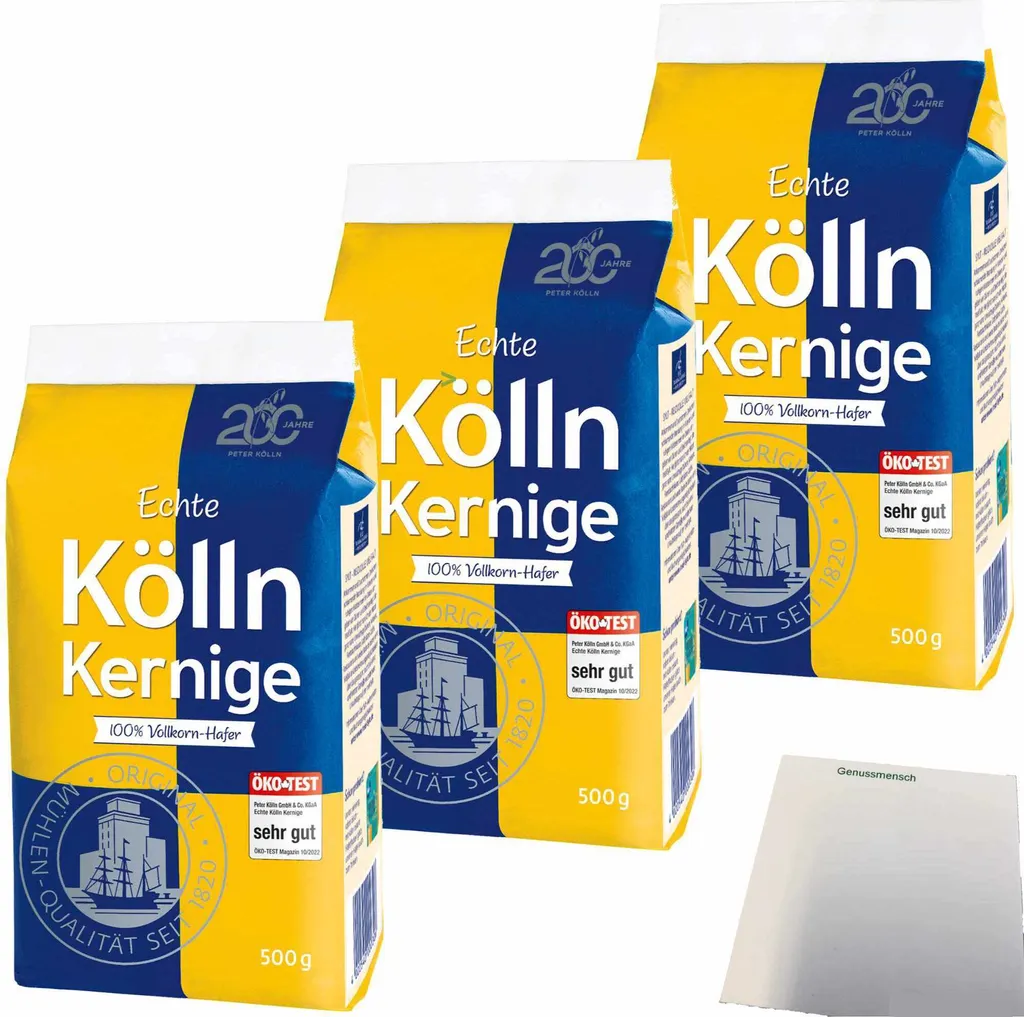 Kölln Echte Kernige Hafer-Vollkorn Haferflocken 3er Pack (3x500g Packung) + usy Block