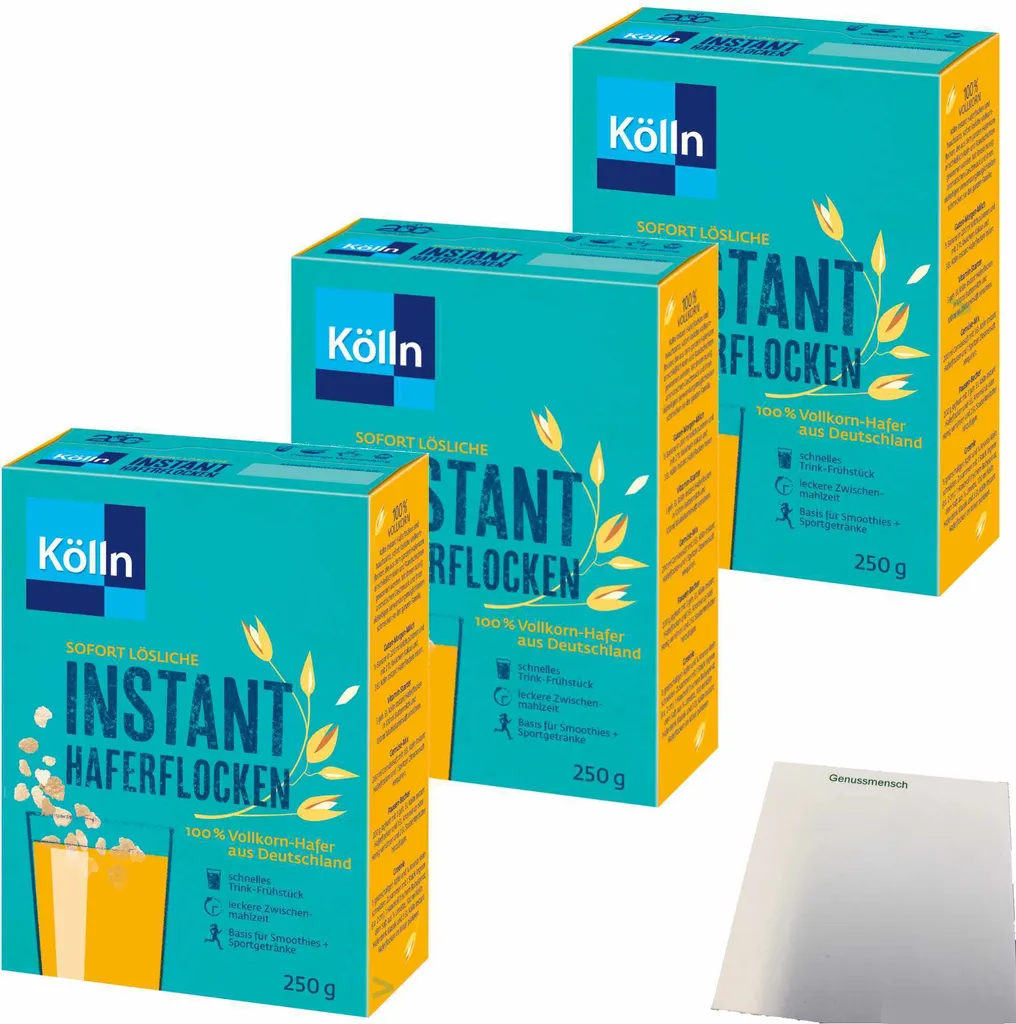 Kölln Instant Hafer-Flocken 100% Vollkorn 3er Pack (3x250g Packung) + usy Block
