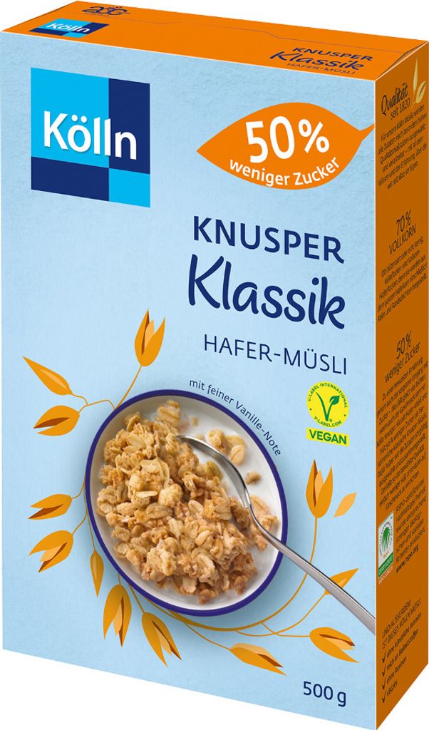 Kölln Knusper Klassik Hafer-Müsli "50 % weniger Zucker", 500g