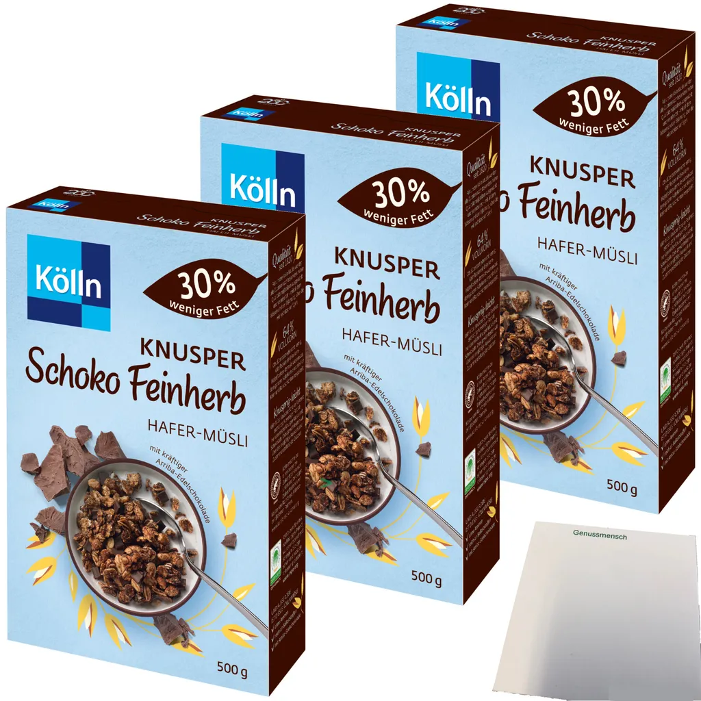 Kölln Knusper Schoko feinherb Hafer Müsli 30% weniger Fett 3er Pack (3x500g Packung) + usy Block