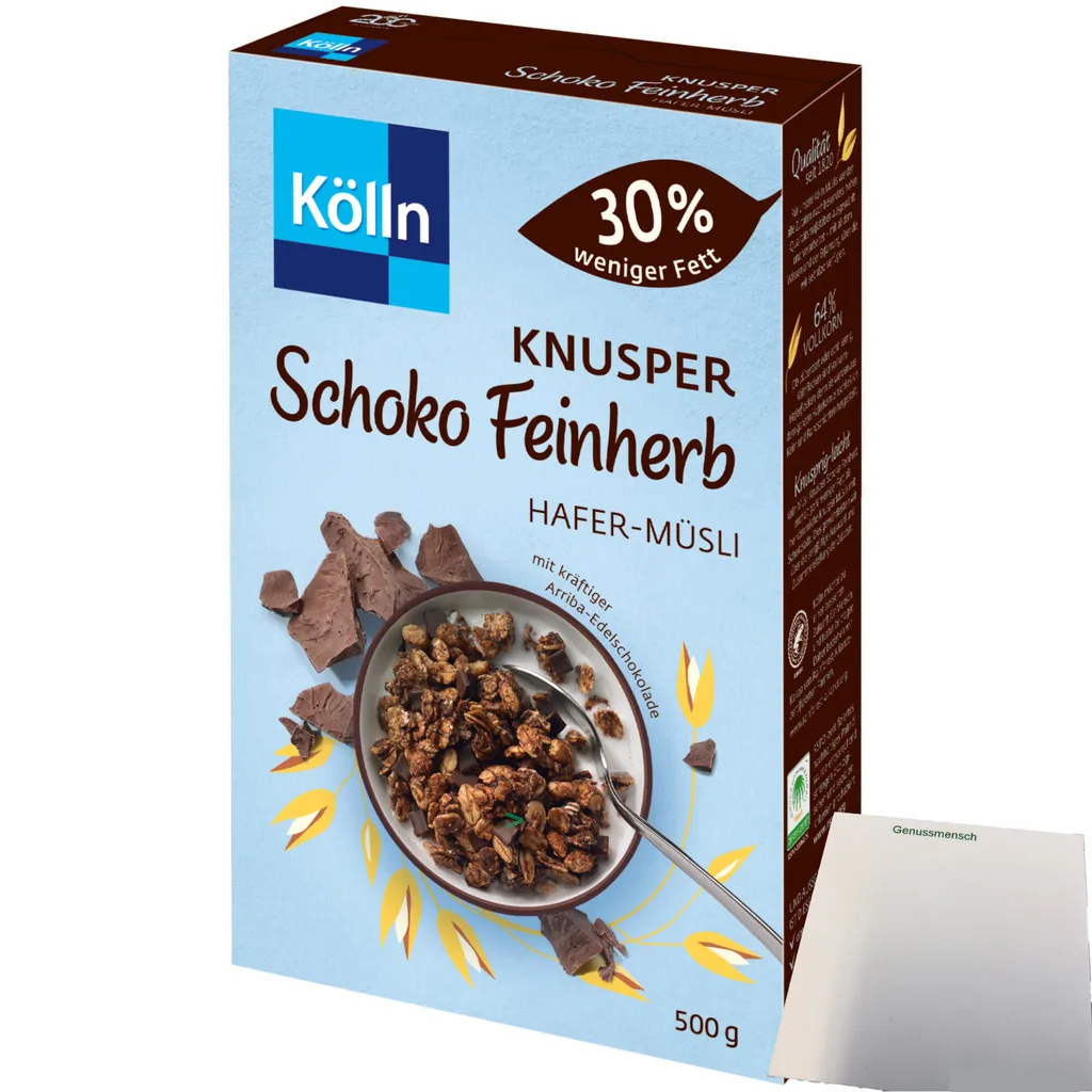 Kölln Knusper Schoko feinherb Hafer Müsli 30% weniger Fett (500g Packung) + usy Block