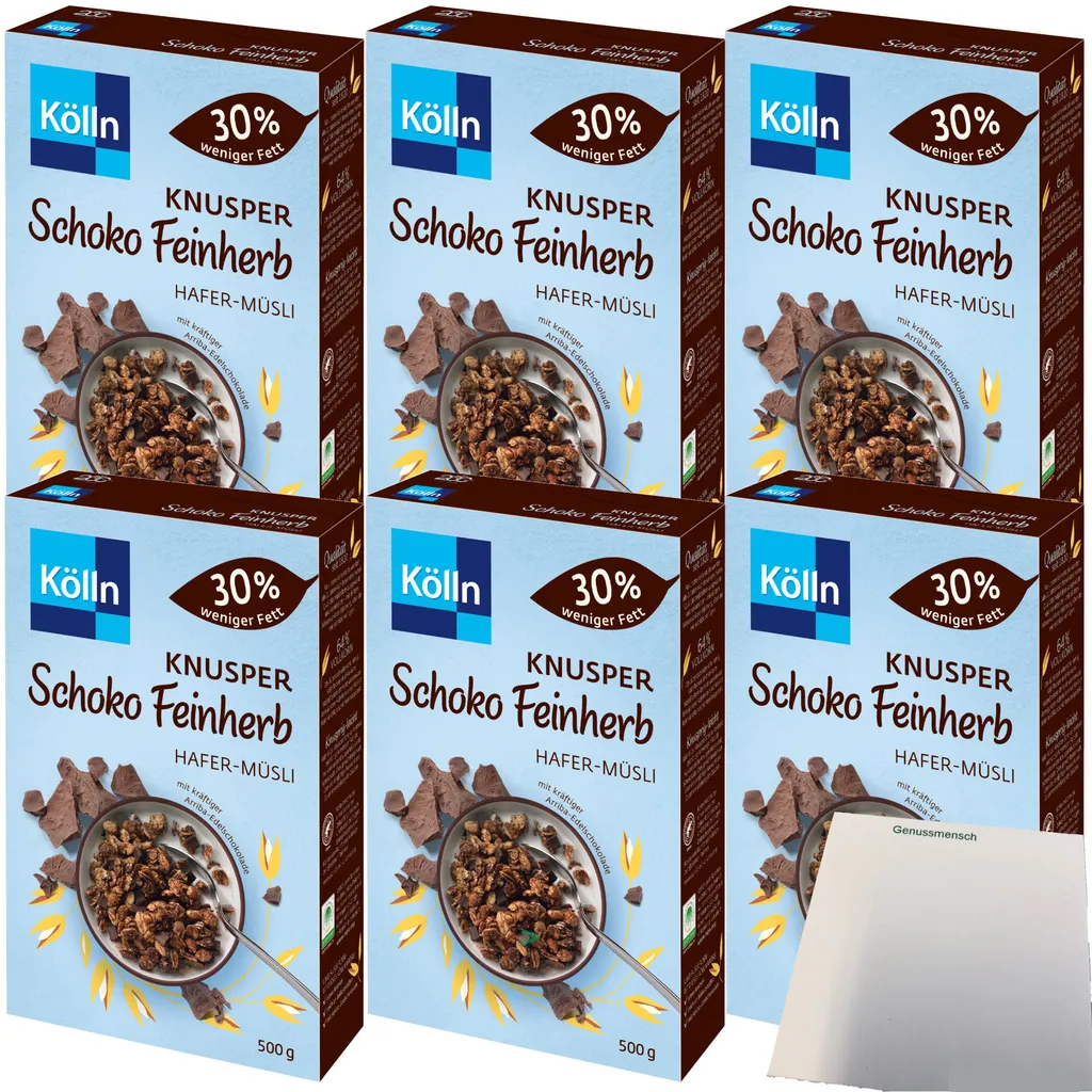 Kölln Knusper Schoko feinherb Hafer Müsli 30% weniger Fett 6er Pack (6x500g Packung) + usy Block