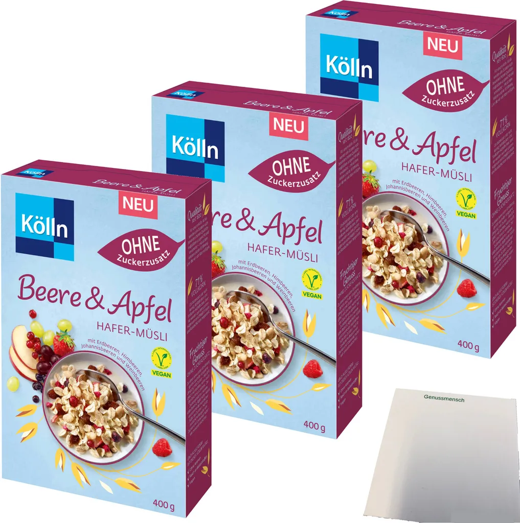 Kölln Müsli Beere-Apfel-Hafer ohne Zuckerzusatz 3er Pack (3x400g Packung) + usy Block