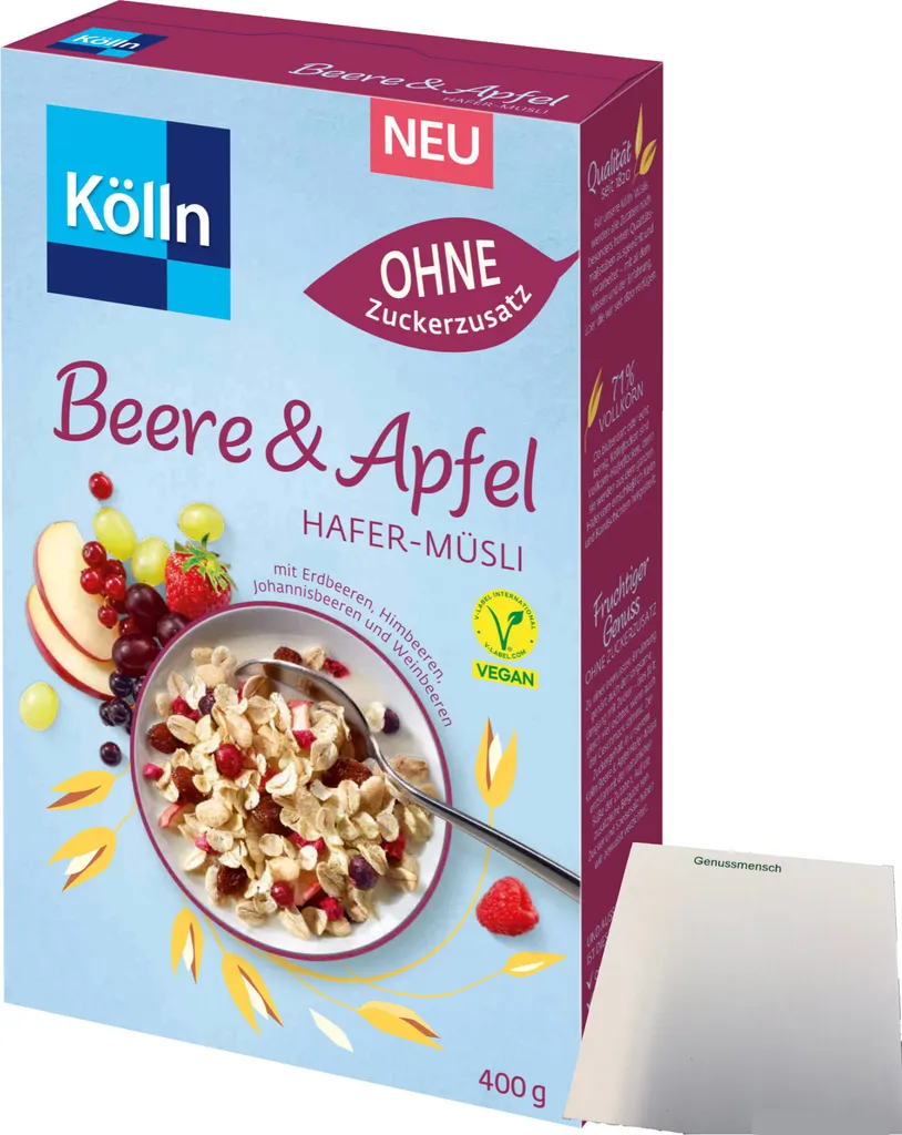 Kölln Müsli Beere-Apfel-Hafer ohne Zuckerzusatz (400g Packung) + usy Block