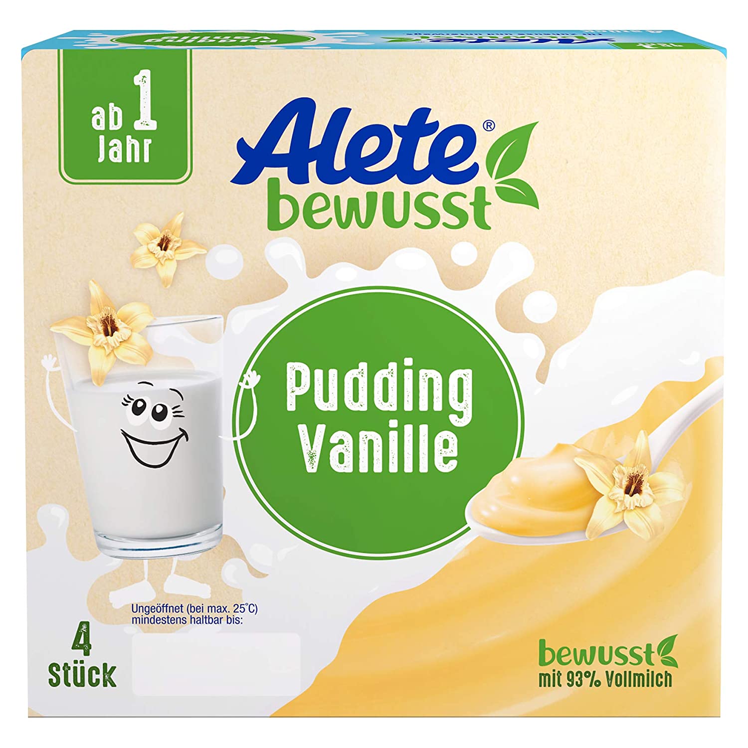 Alete bewusst Pudding Vanille, ab 1 Jahr, leckeres Dessert wie selbst gekocht, süßer Snack mit Vanille-Aroma für Babys, ideal für zu Hause & unterwegs, 400 g (4 x 100 g)