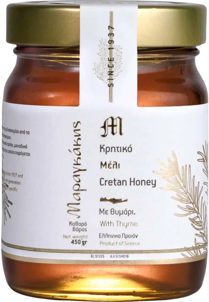 Kretischer Thymianhonig 450g im Glas aus Kreta von Maragkakis Family. Reichhaltiger Geschmack, weiche Textur. Honig vom Imker in 4. Generation