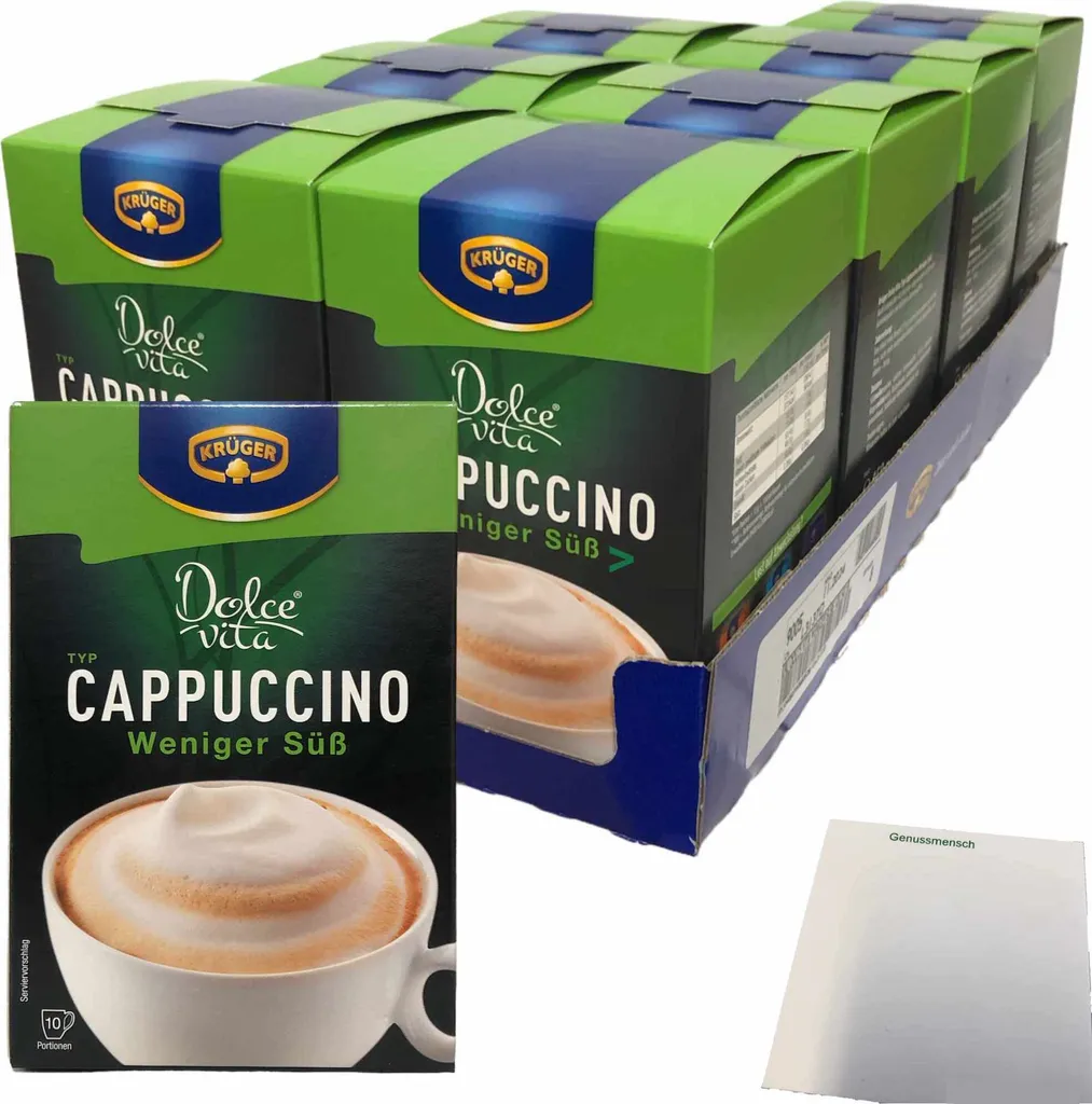 Krüger Cappuccino Dolce Vita weniger süß 8er Pack (80x15g Portionsbeutel) + usy Block