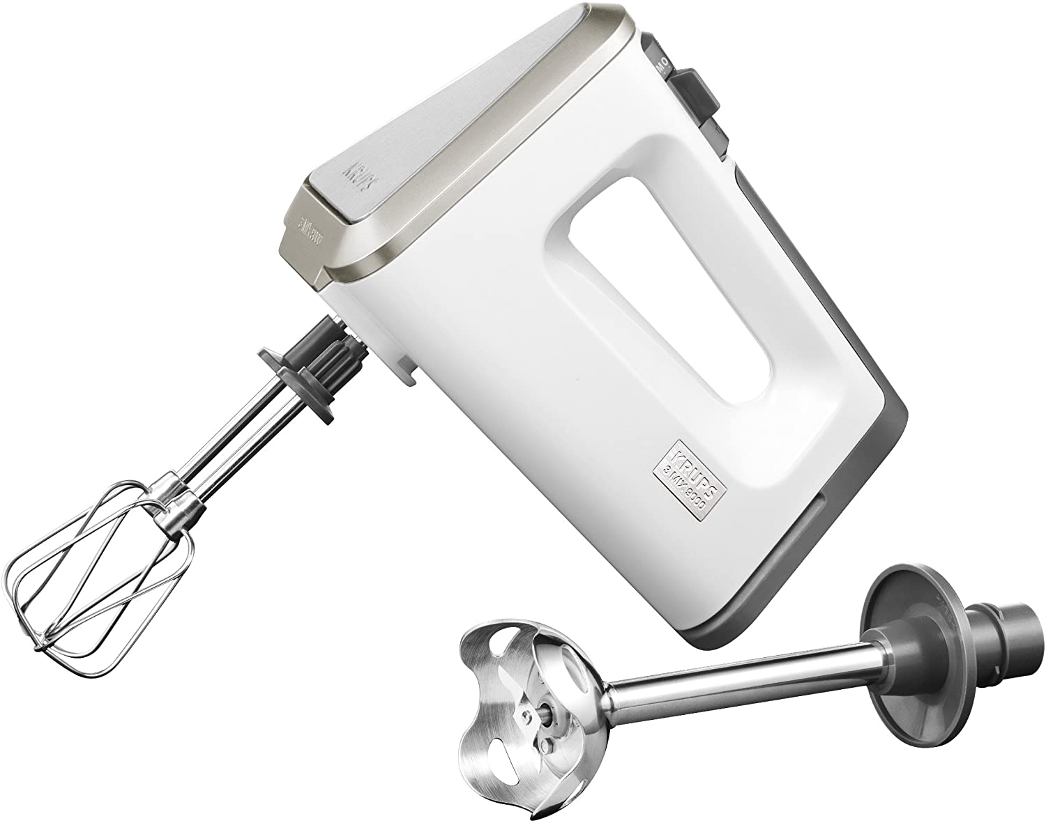 KRUPS GN 9031 Hand Mixer 3 Mix 9000 Deluxe Set - Whisk Rods, Blender Rod (500 W with Turbo Function), Dough Hooks & Mixing Cup, White / Grey, Single, White
