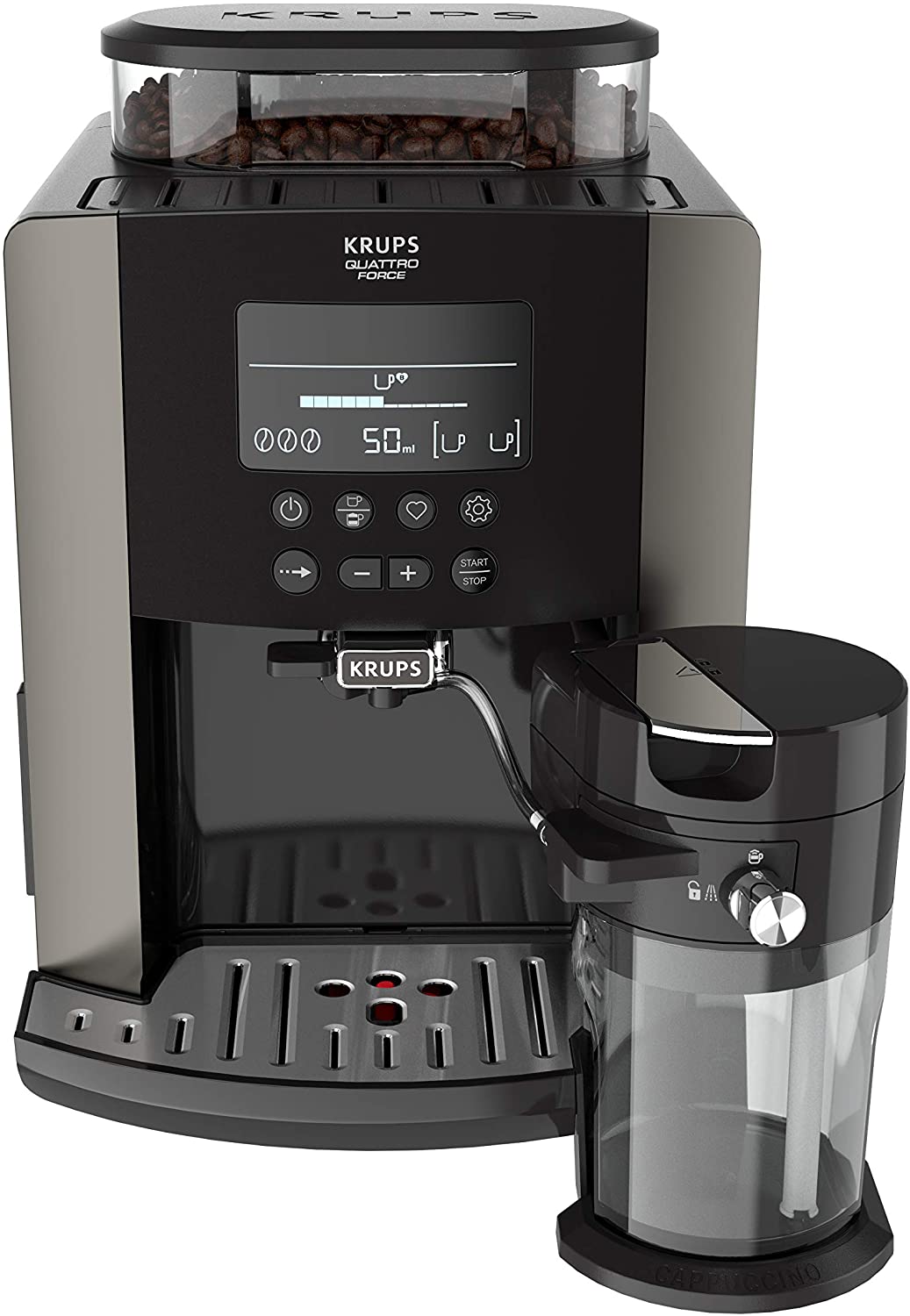 Krups EA819E Arabica Latte Quattro Force Fully Automatic Coffee Machine, 1450 Watts, Water Tank Capacity 1.7 litres, Pump Pressure 15 Bar, LCD Display, Platinum Black