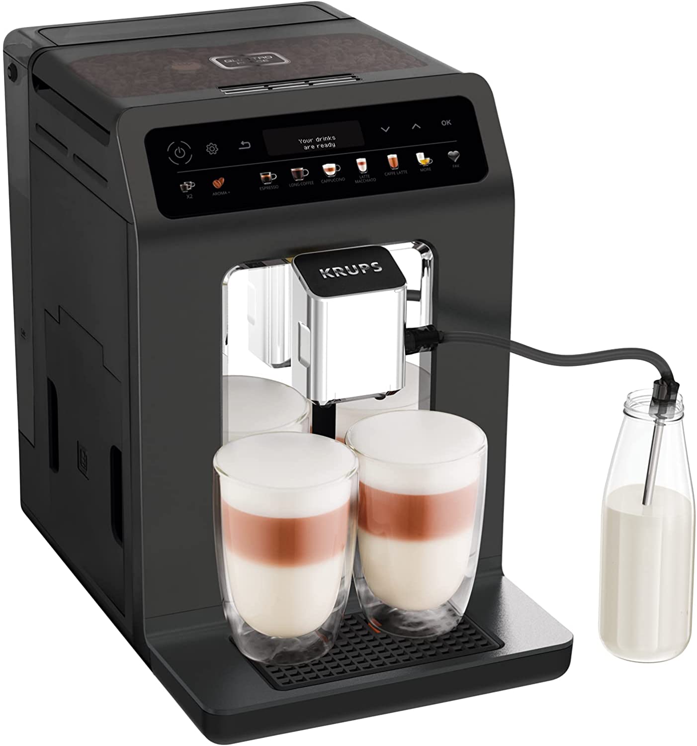 Krups EA895N Evidence One Fully Automatic Coffee Machine, One-Touch Cappuccino, Double Cup Function, 12 Drink Specialities, Colour Display, 2.3 L Water Tank, 1450 Watt, Meteor Graphite