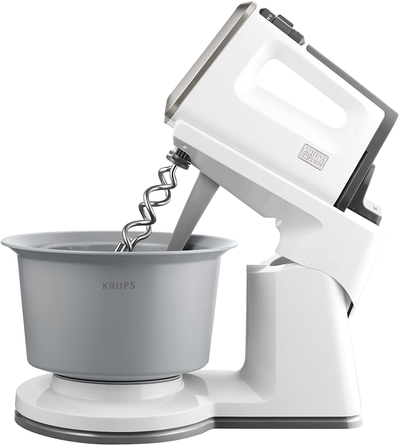 Krups GN 9061 Hand Mixer 3 Mix 9000 Combi (500 Watt, with Turbo Level) Mixing Stand White / Grey