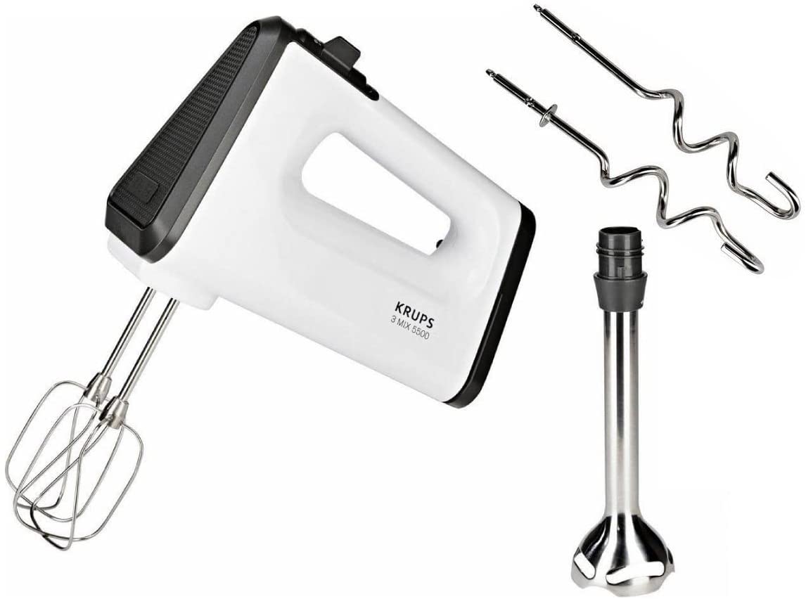 Krups 3 MIX 5500+ Hand Mixer GN5041 (500 W, 5 Speeds + Turbo & Eject Button, Ergonomic Handle of the Blender, Whisk, Dough Hook + incl. Hand Blender made of stainless steel), white