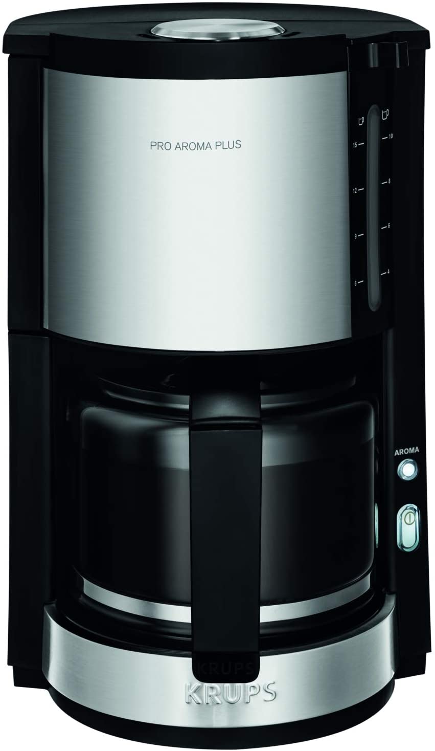 Krups KM321 Proaroma Plus Glass Coffee Maker, 10 Cups, 1100 W, Modern Design, Black with Stainless Steel Applique