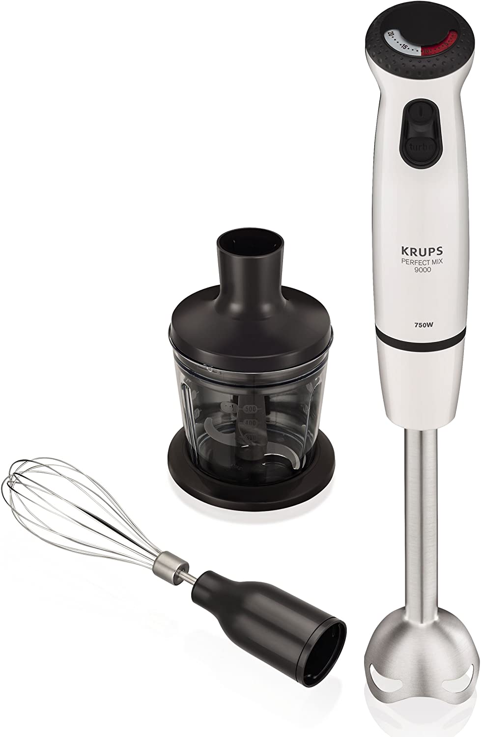 Krups Perfect Mix 9000 Plus HZ3051 Hand Blender with Beaker / Mini Chopper / Whisk / 4 Knives / 20 Speed Levels / 750 W / High-Gloss White / Grey / Brushed Stainless Steel