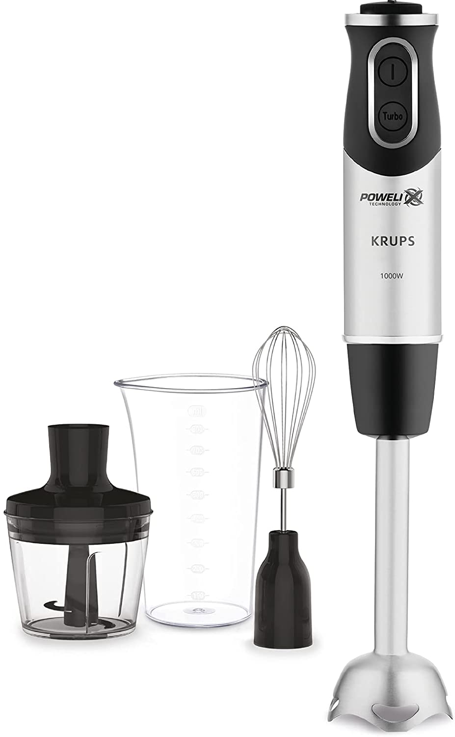 Krups HZ656815 Steffen Henssler Special Edition Hand Blender (1000 Watt, Speed Settings: 20, Including: Measuring Cup, Whisk, Crusher, Black/Silver