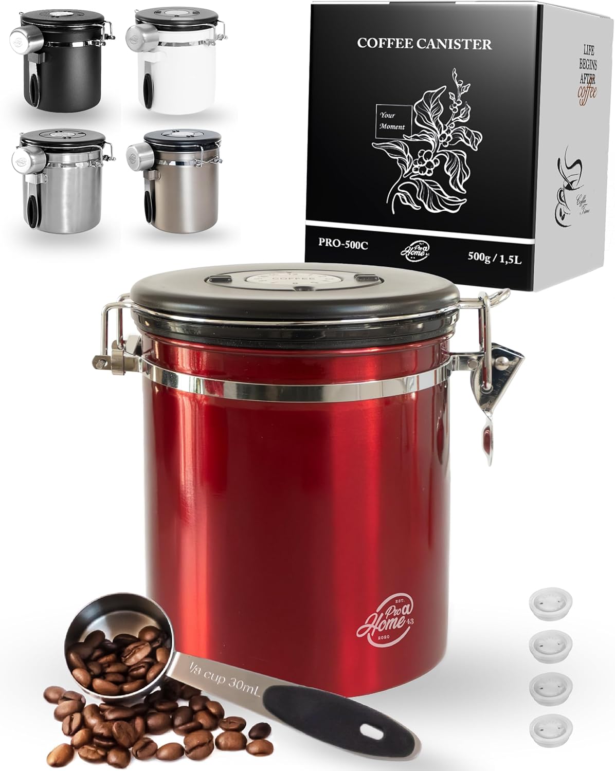 Coffee Canister Airtight 500 g - Red - Coffee Bean Storage Container 1.5 L Made of Stainless Steel with Calendar Function, Includes Dosing Spoon and 4 x C02 Replacement Valves, Stylish