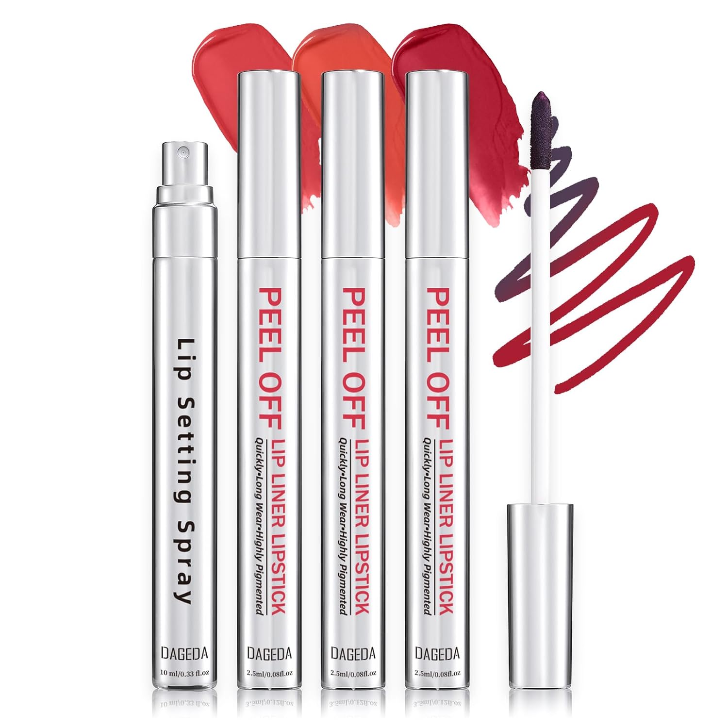 Prreal 3 Colors Peel Off Lip Liner Stain, Long Lasting Tattoo Peel Off Lip Stain Set with Lip Setting Spray and Tweezers, Quick Coloring, Highly Pigmented Matte Finish Lip Tint Stain