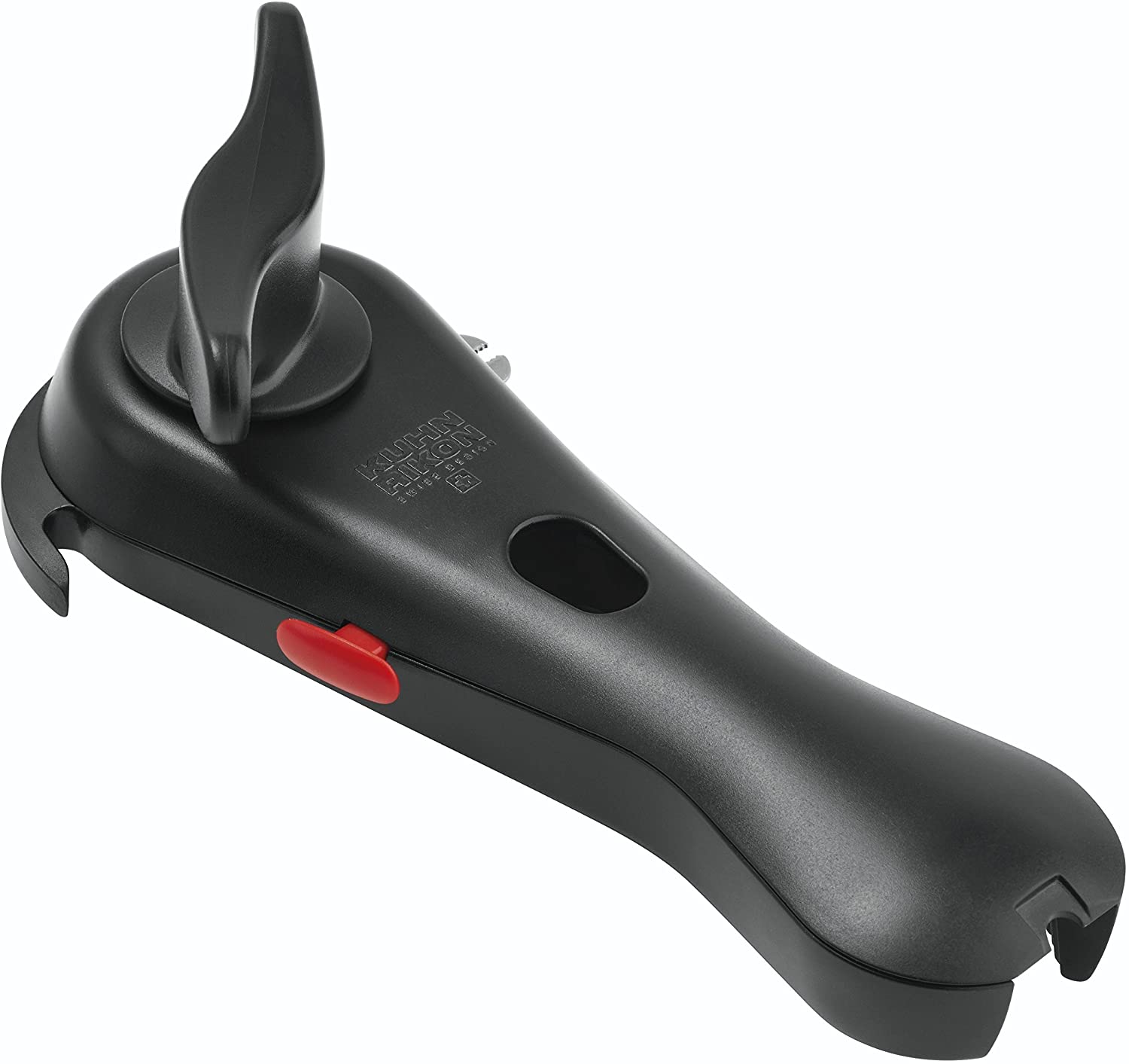 KUHN RIKON 5-in-1 Car Safety Can Opener Black Safety Can Opener No Sharp Edges Automatically Holds The Edge Of The Can Opens Cans, Bottles, Bottle Caps And More