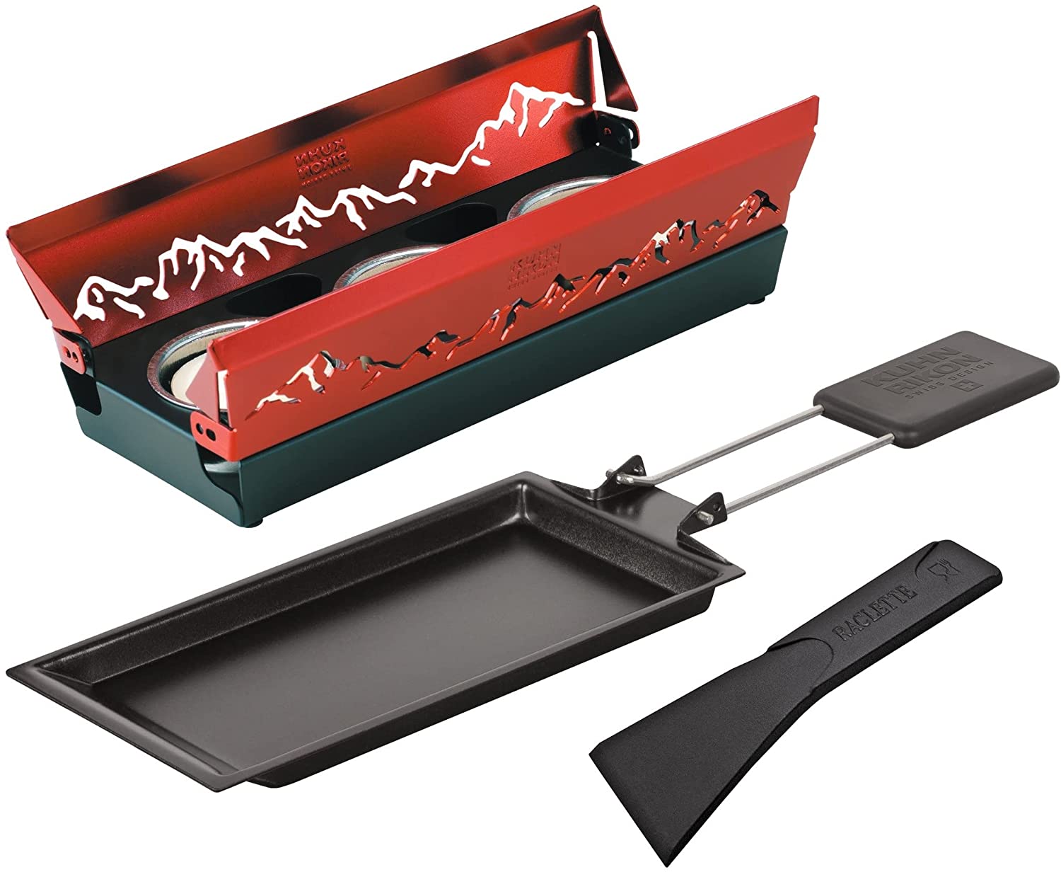 KUHN RIKON Candle Light Mini Alpine Glow Raclette Set, Red, Non-Stick Grill Pans, with Tea Light, Stainless Steel, 9 x 9 x 20 cm, 5 Units