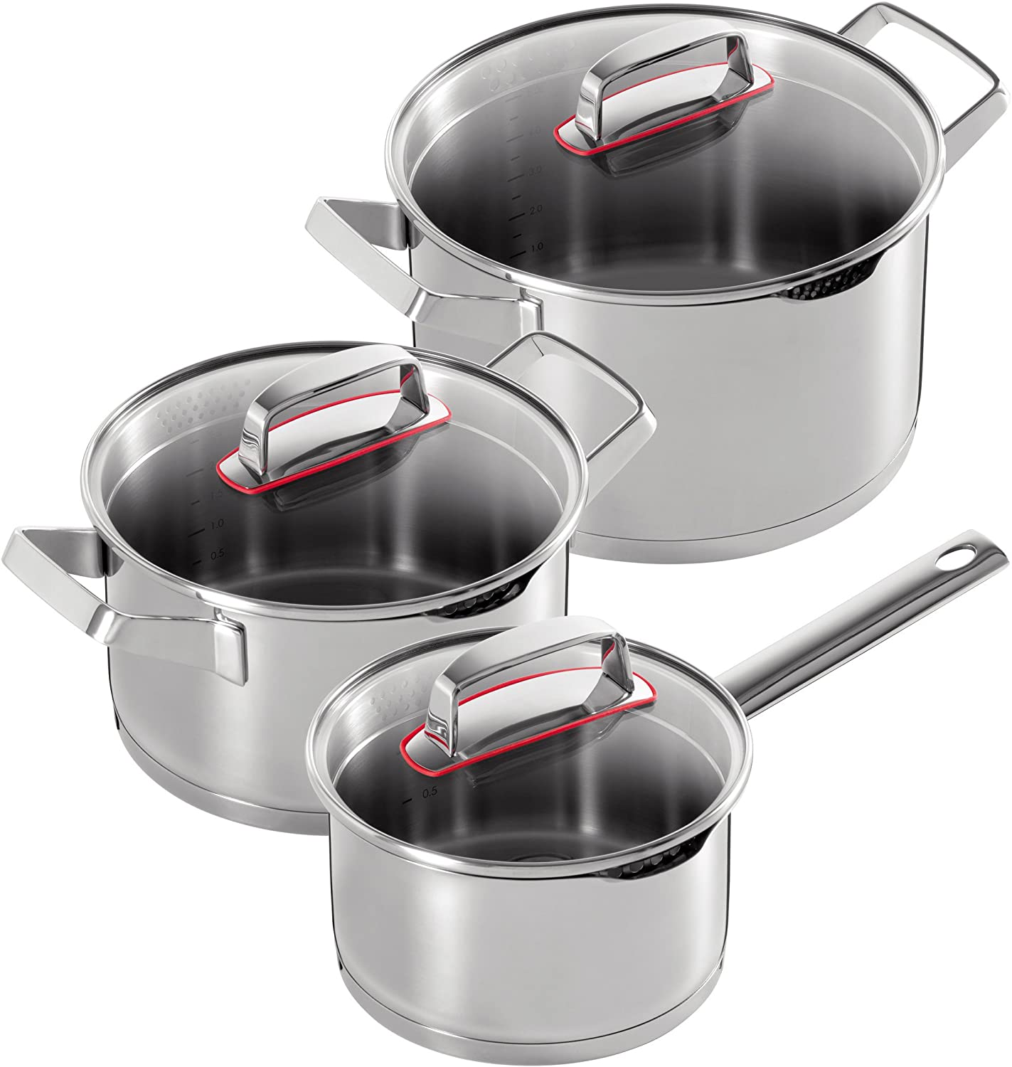 Kuhn Rikon Daily Cookware Set, 3pcs., Casserole with Handle, Cooking Pot, with Lid, Stainless Steel, Ø 16, 20, 24 cm, 37273