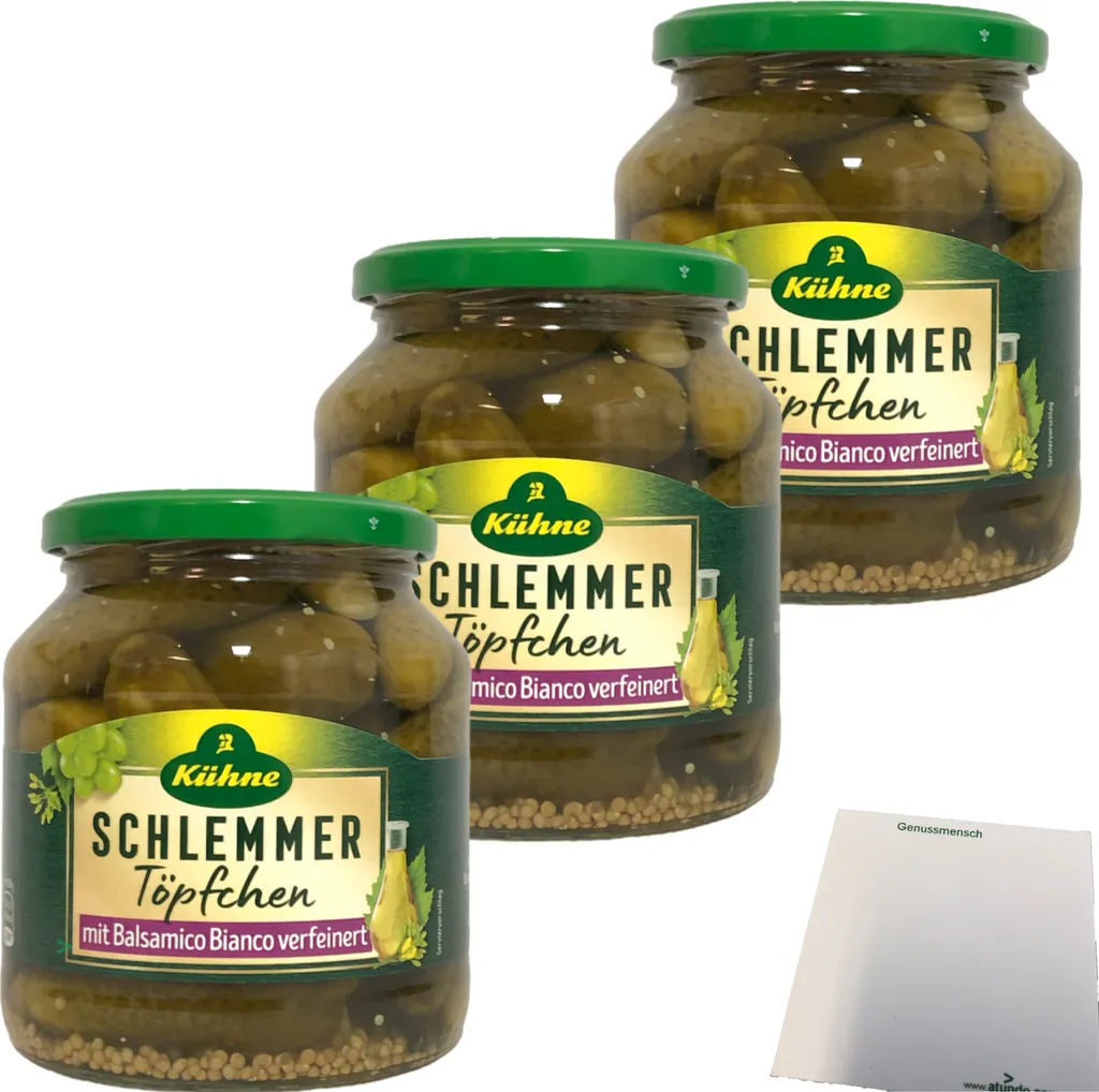Kühne Schlemmertöpfchen Mildly spicy extra crunchy gherkins refined with Balsamic Bianco 3-pack (3x300g jar) + usy block