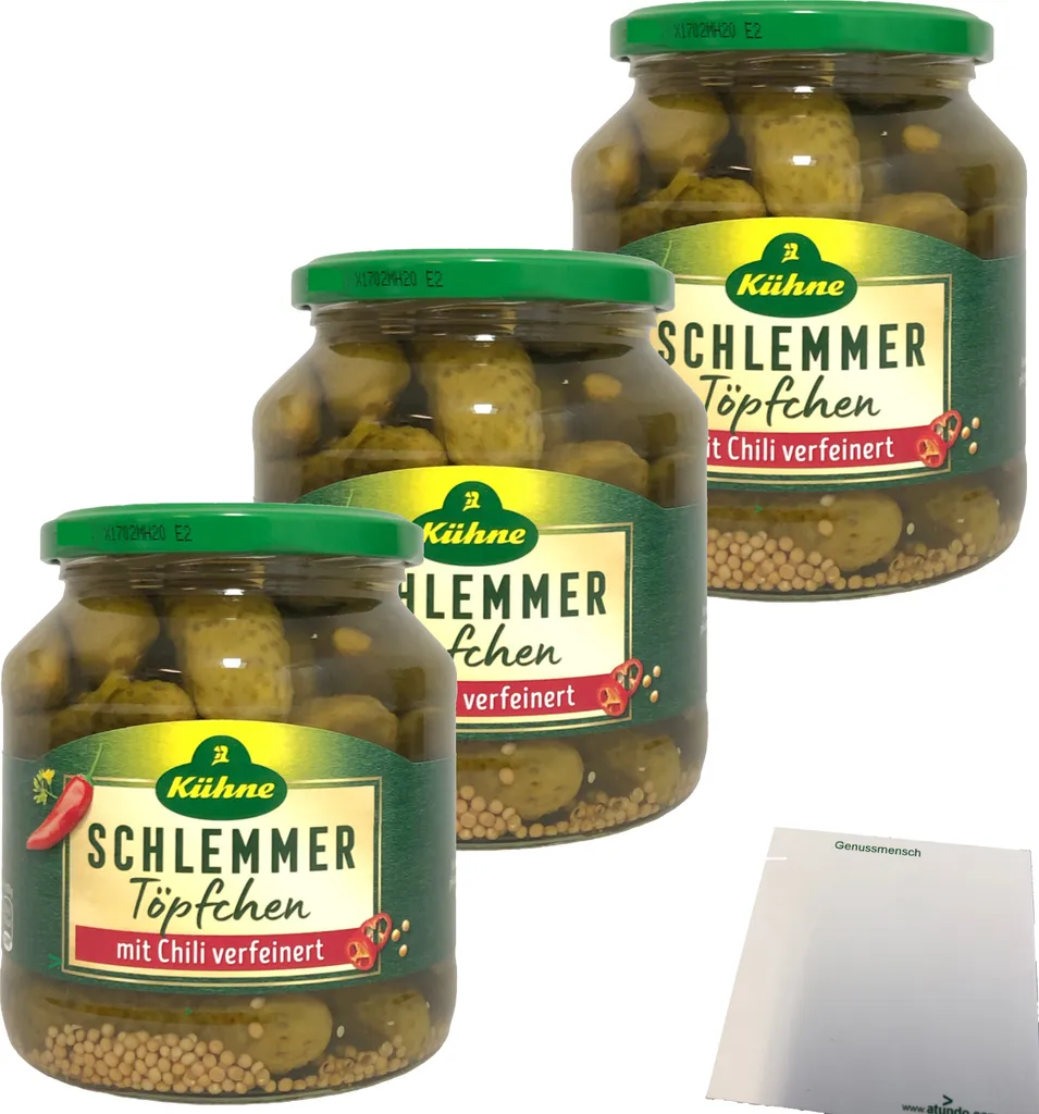 Kühne Schlemmertöpfchen with chili refined spicy gherkins 3-pack (3x300g jar) + usy block