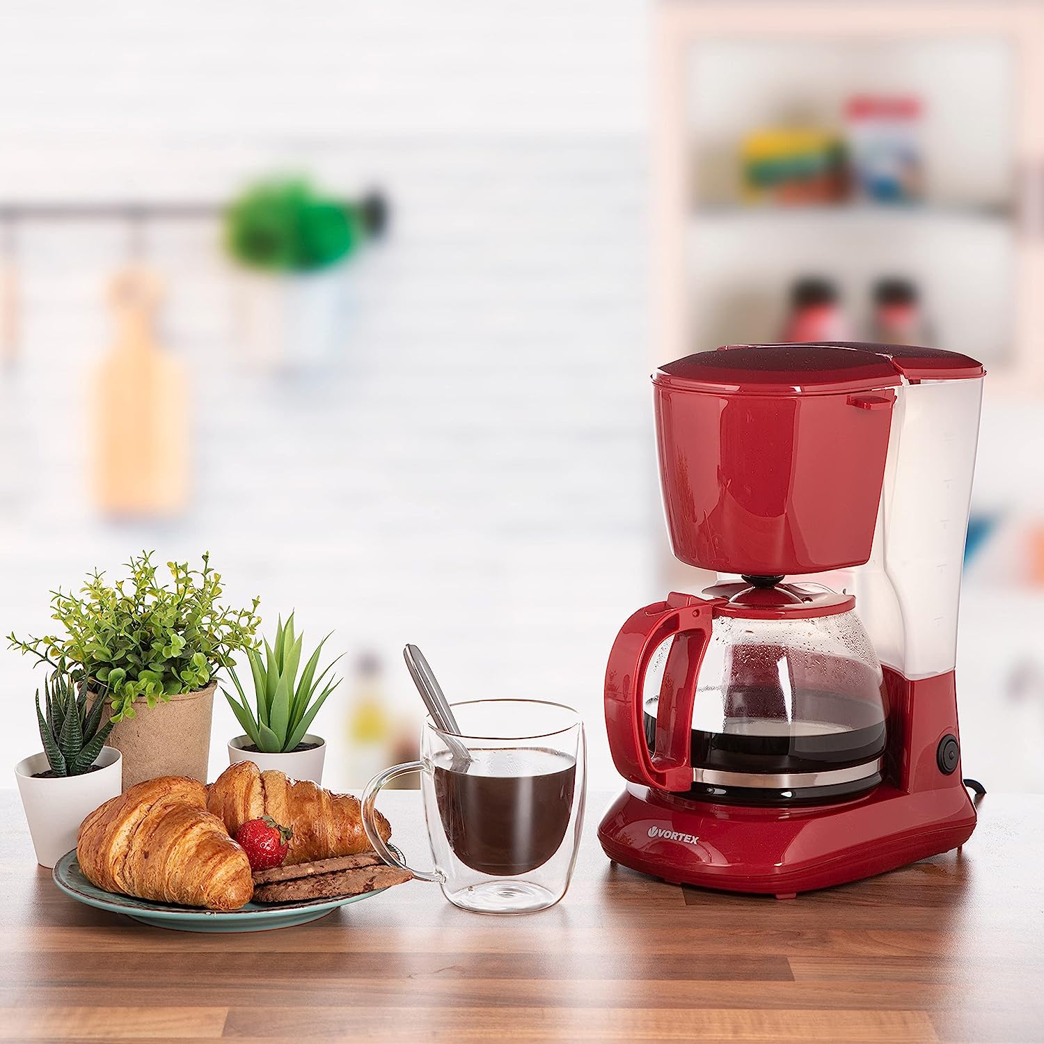 VORTEX Filter Coffee Machine with 1.25 L Glass Jug VO4012RD - Coffee Machine Red for up to 12 Cups - Coffee Filter Machine with Warming Plate - Drip Stop Filter Coffee Machine - 750 Watt, Red