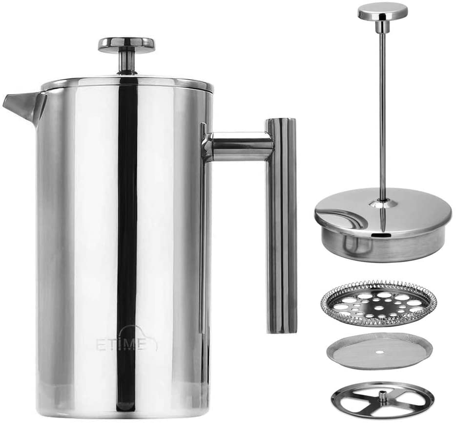 Etime coffee maker, coffee pot, tea maker, press filter jug, stainless steel thermo insulated, size: 1 litre, silver