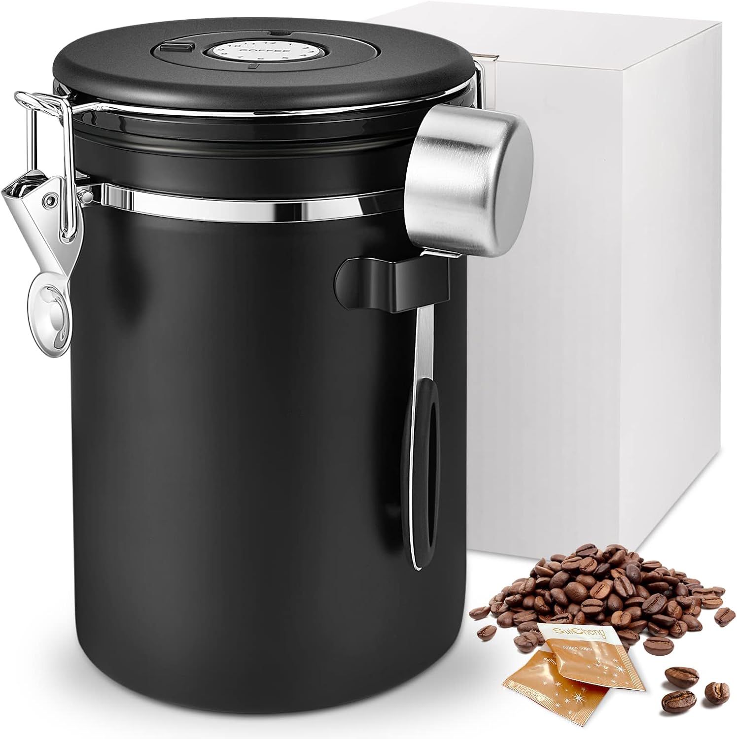 Coffee Canister Airtight Stainless Steel 1.8 L, Vacuum Coffee Canister, Coffee Bean Container with Stainless Steel Spoon and Time Attendance Storage, for Tea Nuts, Cocoa Longer and Stay Fresh