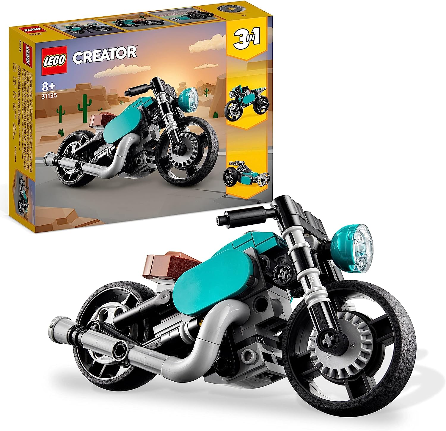 LEGO 31135 Creator 3-in-1 Vintage Motorcycle Set, Classic Motorcycle Toy From Road Motorcycle to Dragster Car, Vehicle Construction Toy for Children, Boys and Girls