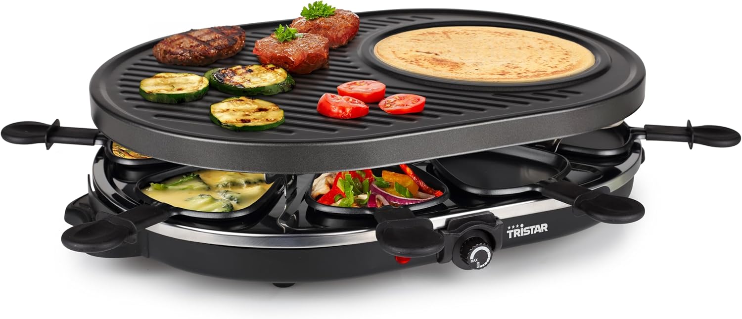 Tristar Raclette for up to eight people – Griddle with Crepe Mold and 8 Pans, RA-2996
