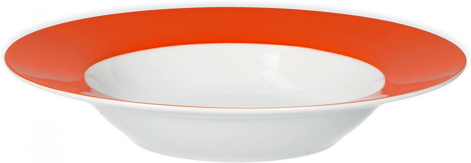 Van Well Vario Soup Plate Set 6 Pieces I Plate Service for 6 People I Deep Pasta Plates 21.5 cm I Porcelain Set White with Orange Rim I Salad Plate Microwavable