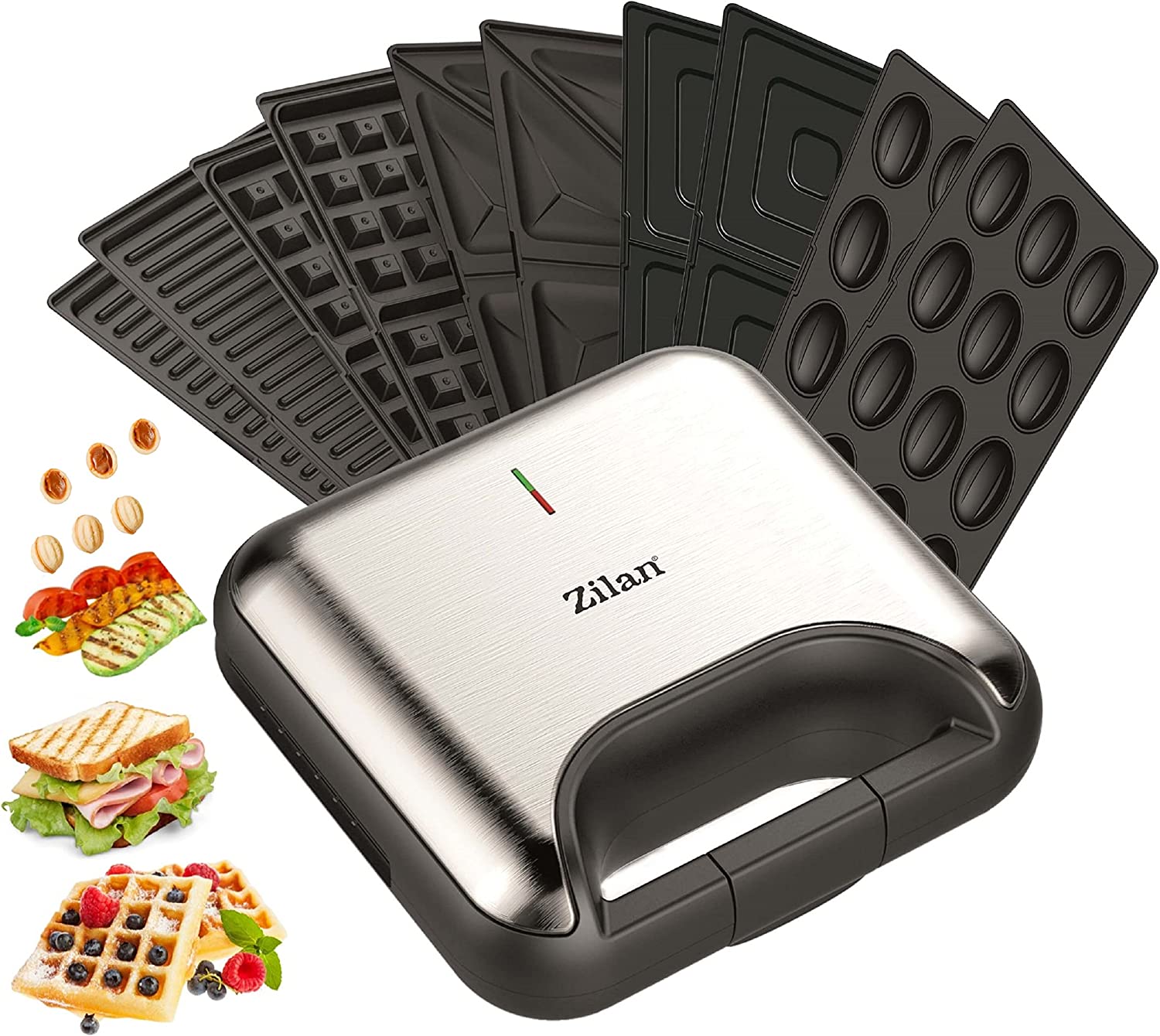 5-in-1 sandwich maker, 5 interchangable plates, waffle Iron, Contact Grill, Electric Grill, Multi-Grill, Oreschkis (Magic Nuts), Sandwich Maker, Contact Grill, Waffle Iron, Stainless Steel