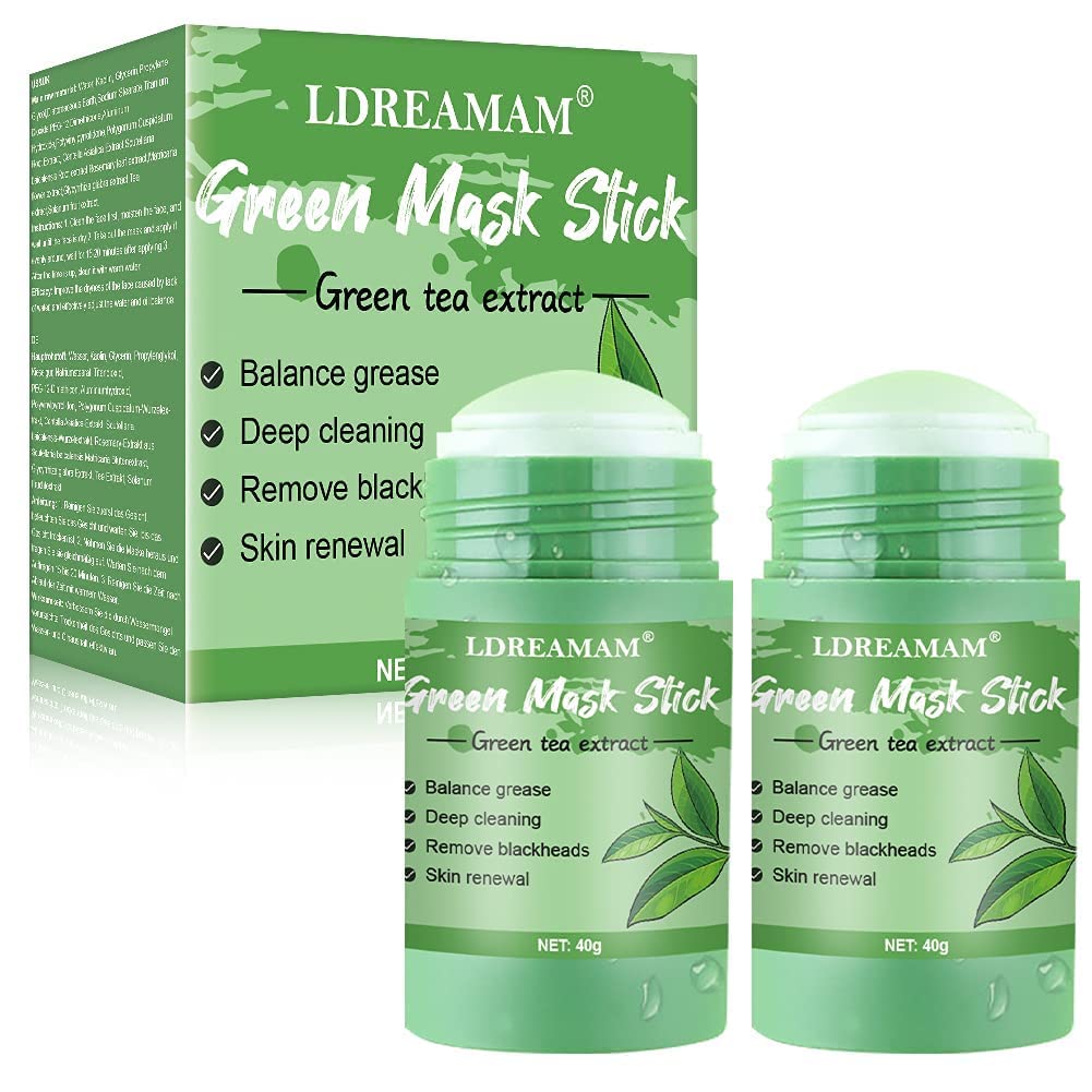 LDREAMAM Green Tea Mask, Green Stick Mask, Oil Control Face Mask, Green Tea Purifying Clay Stick Mask, Deep Cleansing Anti-Acne Shrink Mask for Oil Control (2 Pack)