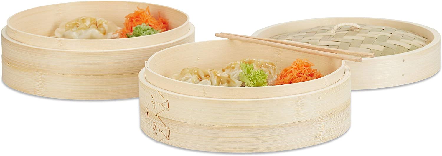 Relaxdays bamboo steamer 3 pieces, 2 steam baskets with lid for Rice and Dim Sum Steamer 24 cm Diameter Natural