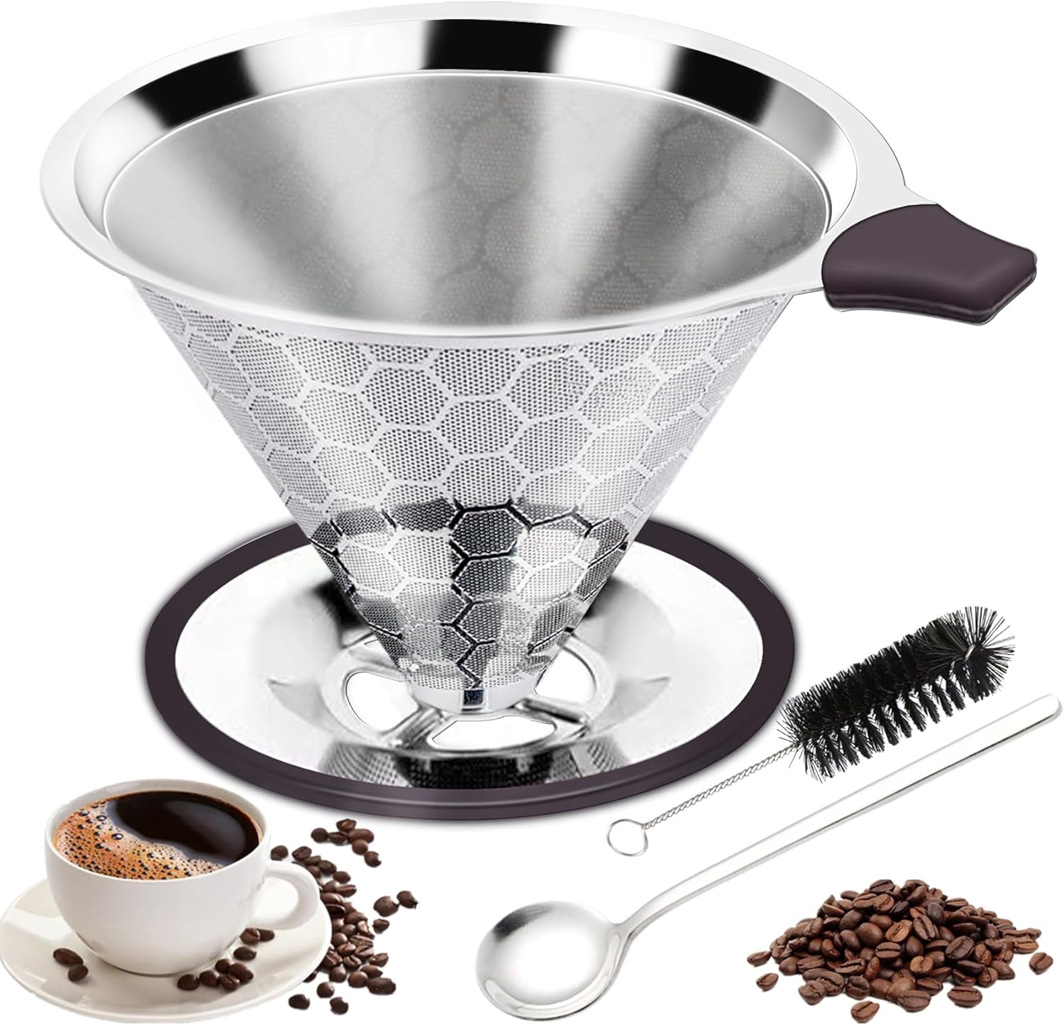 Omtofo Kaffeefilter, Pour Over Kaffeefilter aus Edelstahl, Doppelschichtiges Filterdesign, Papierloser Kaffeefilter Wiederverwendbar, mit Löffel und Reinigungsbürste Geliefert(1-4 Tassen)