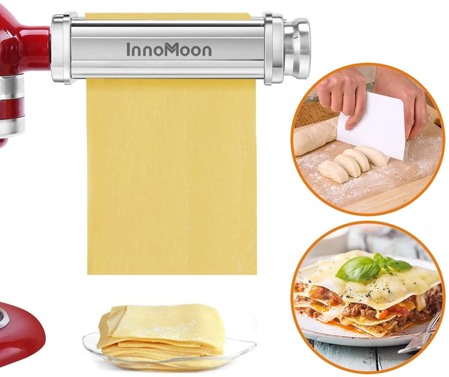 InnoMoon Pasta Roller Attachment for KitchenAid Stand Mixer, Stainless Steel Pasta Sheet Maker Accessories Plus Dough Scraper as a Gift