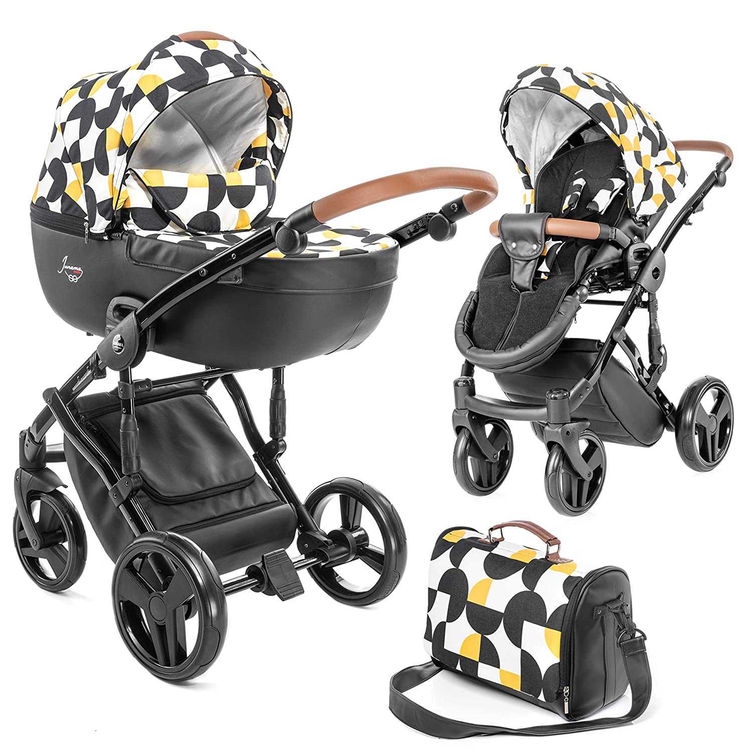 Junama Madena 2-in-1 Combination Pram Set with Baby Bath and Pushchair Folding Pushchair with Changing Bag and Accessories - Packman Black / Yellow