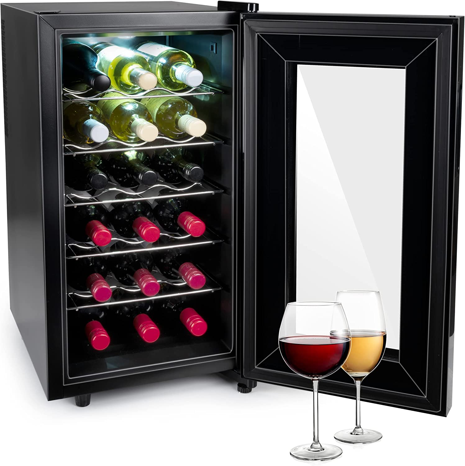 Alpina Wine fridge - 230 V - 18 bottles / 50 L - temperature adjustable from 11 °C to 22 °C - glass door and interior lighting - quiet to silent - black