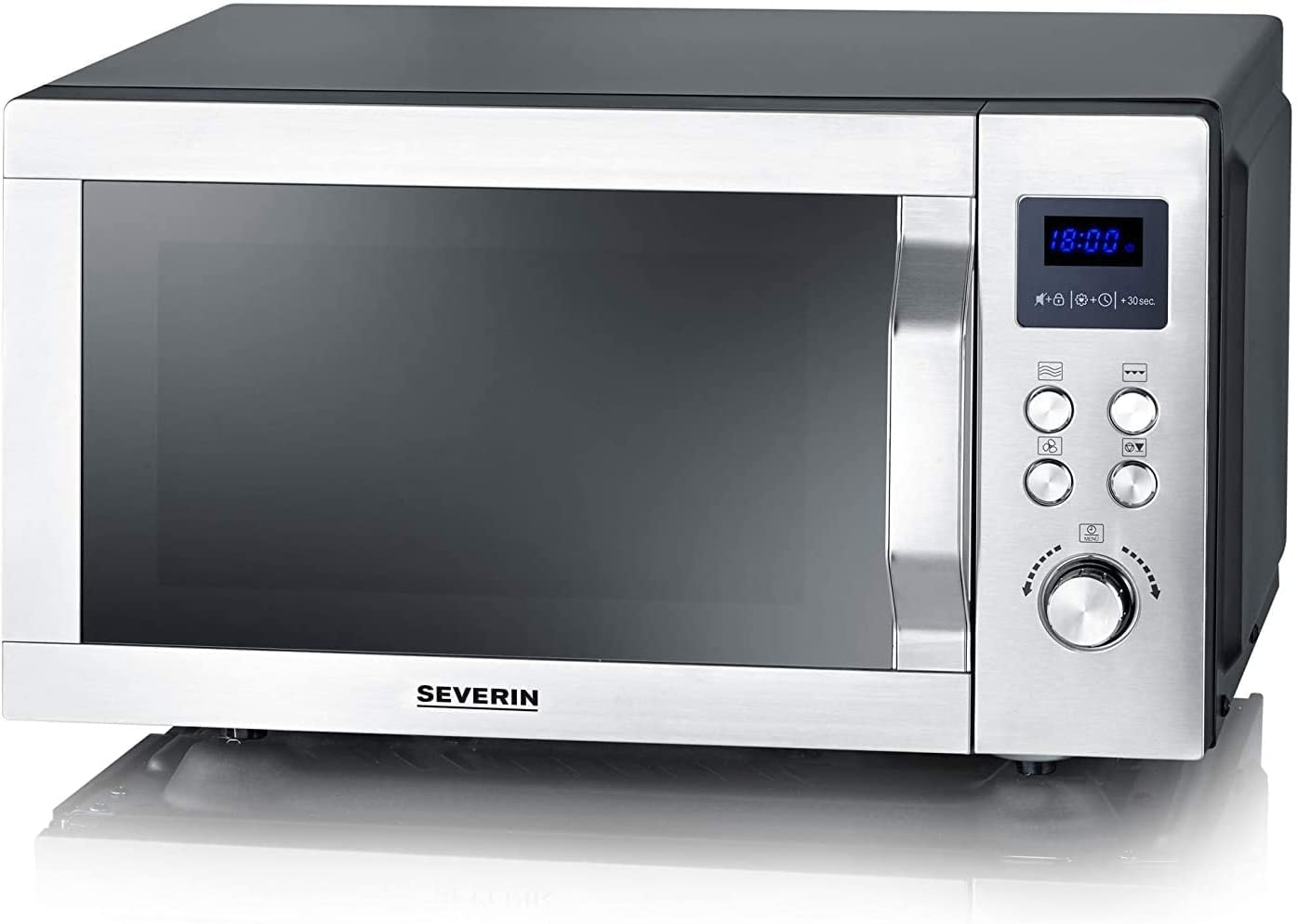 SEVERIN 2-in-1 Microwave with Ceramic Base and Grill, Microwave Device for Defrosting and Heating, Microwave with Large Usable Area for Square Dishes, Black/Stainless Steel, MW 7763