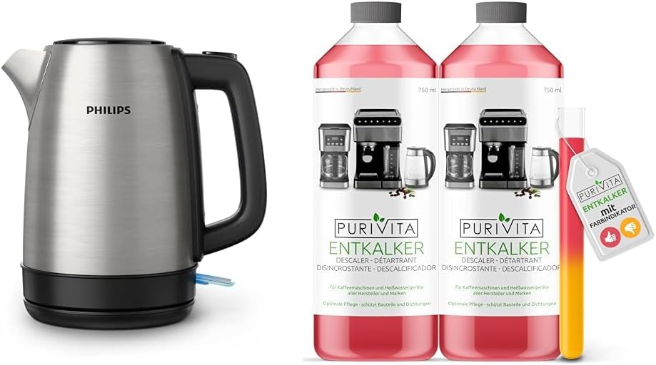 Philips Daily Collection Metal Kettle Spring Lid & Purivita - Universal Descaler 750 ml for Fully Automatic Coffee Machines - Suitable for All Known Brands, 2 Bottles