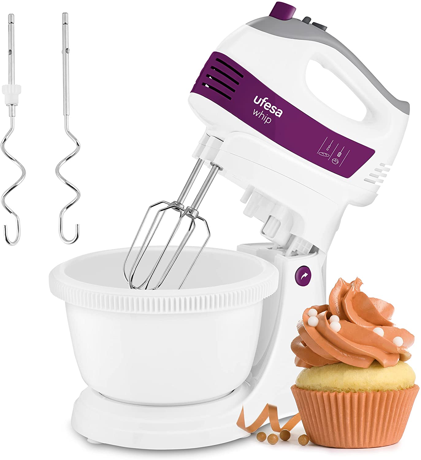 Ufesa BV4655 Electric Hand Mixer with Mixing Bowl Food Processor - Kneading Machine - 400 Watt - 2 in 1 Function - 5 Speed Levels - Turbo - 2 Dough Hooks - 2 Whisks - Soft Touch Handle